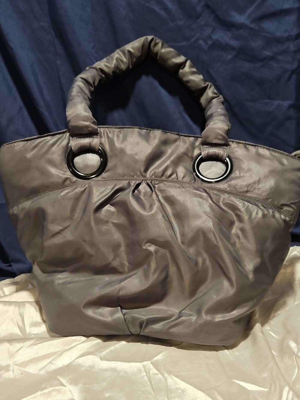 Bath and Body Works Charcoal Gray Nylon Puffer Tote Bag Pink Dot Lining